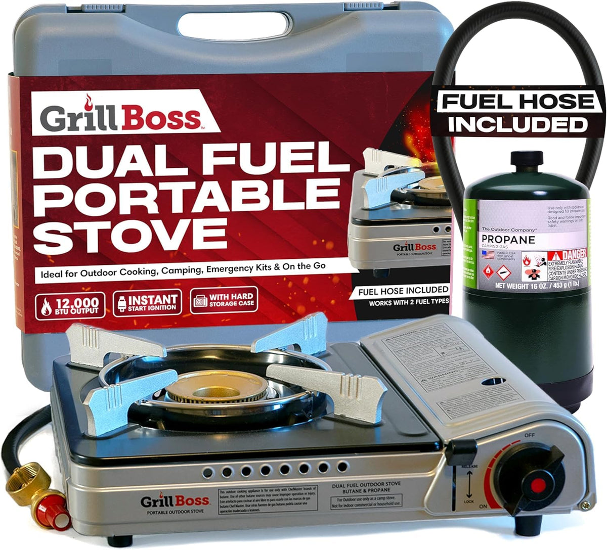 Chef Master Grill Boss Dual Fuel Camping Stove + 4x 8 oz Butane, 12,000 BTU