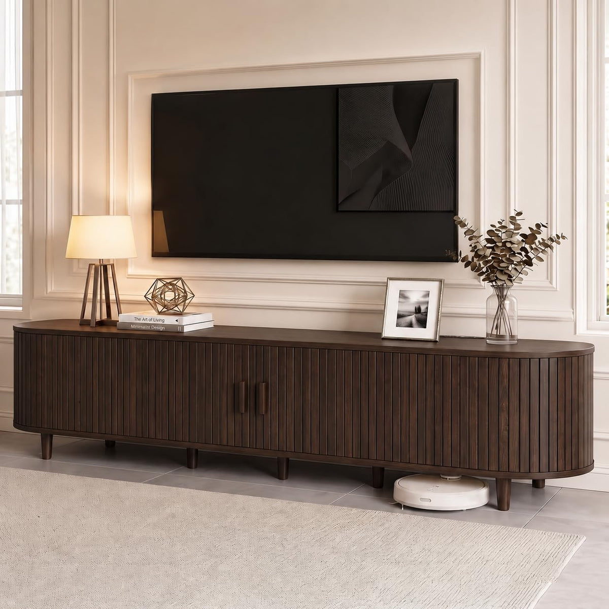 MXV 58" Mid-Century Modern TV Stand with Sliding Doors, TV Consoles with Power Outlet, Fluted Entertainment Center with Adjustable Shelves for Living Room