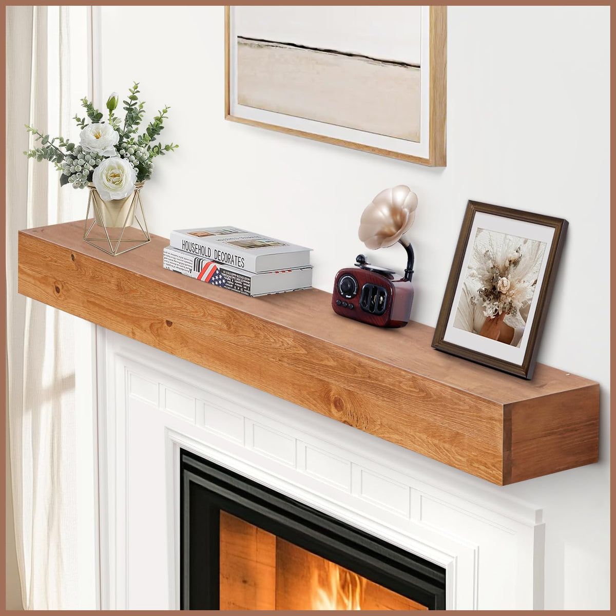 G GOOD GAIN 60'' Fireplace Mantel, 5'' Pine Wood Floating Shelf, DarkWalnut