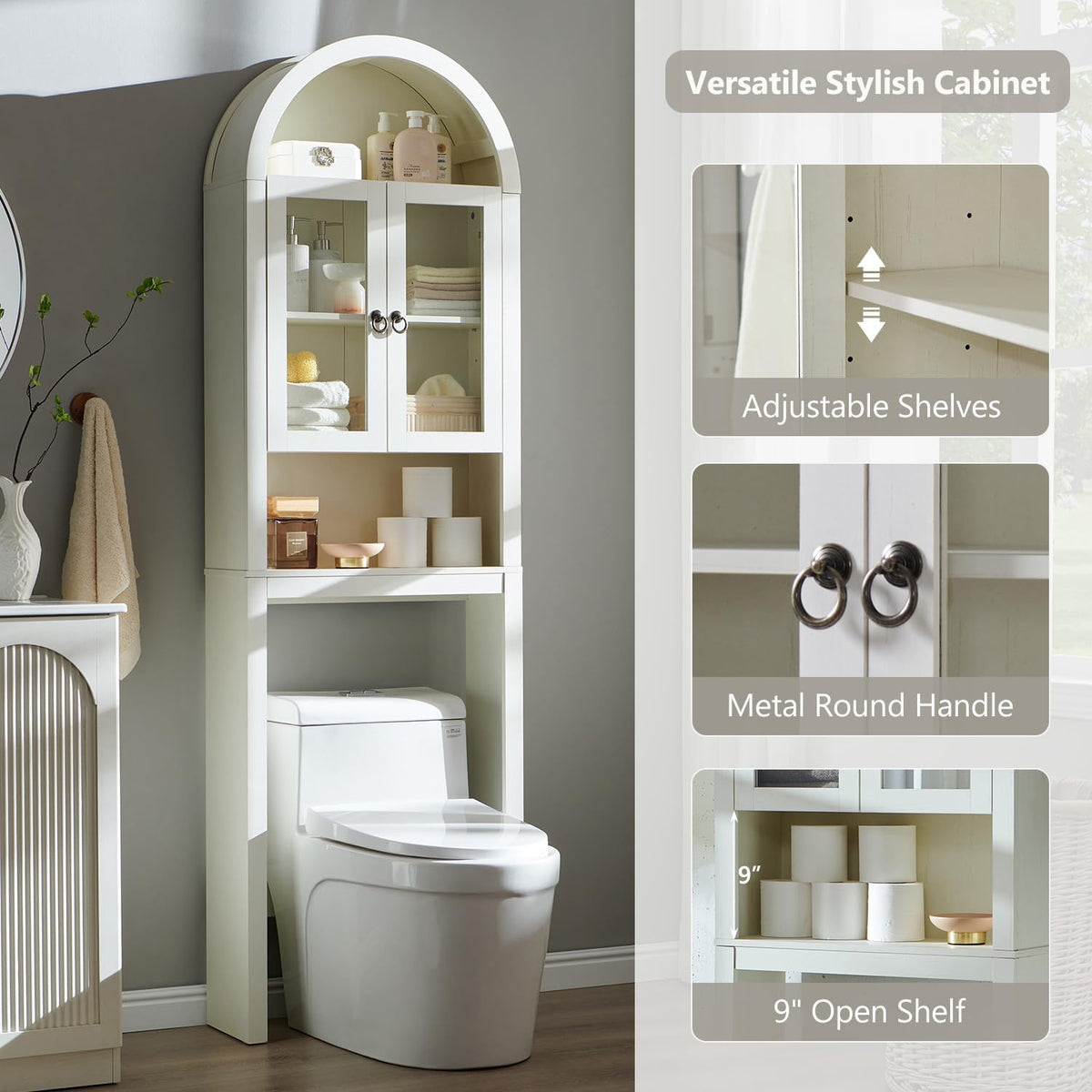 IFGET Arched Over The Toilet Storage Cabinet w/Acrylic Doors, Antique White
