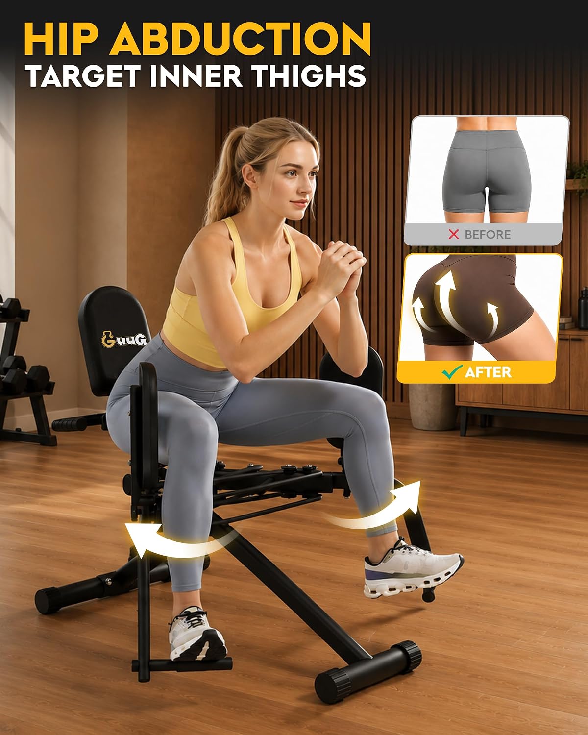 GuuG Hip Abductor Adductor Machine: Booty Builder with 2 Resistance Bands 2 in 1 Adduction Abduction Machine Inner and Outer Thigh and Glute Workout Equipment