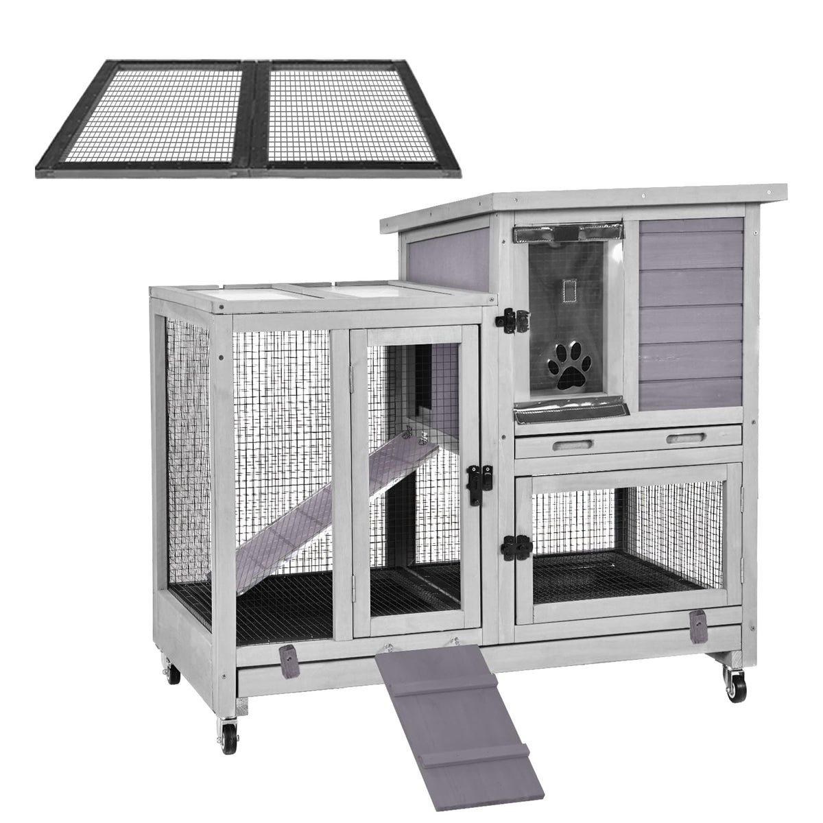 Gutinneen 2-Story Rabbit Hutch with Chew-Proof Ramp & Leak-Proof Trays - Indoor/Outdoor 39.3" Wooden Rabbit Cage with Wheels for Rabbits, Guinea Pigs