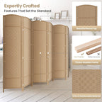 6 Panel Folding Room Divider,Woven Privacy Screen,Light Beige