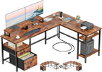 Furologee 66'' L Shaped Desk with Power Outlet and 2 Drawers, Rustic Brown