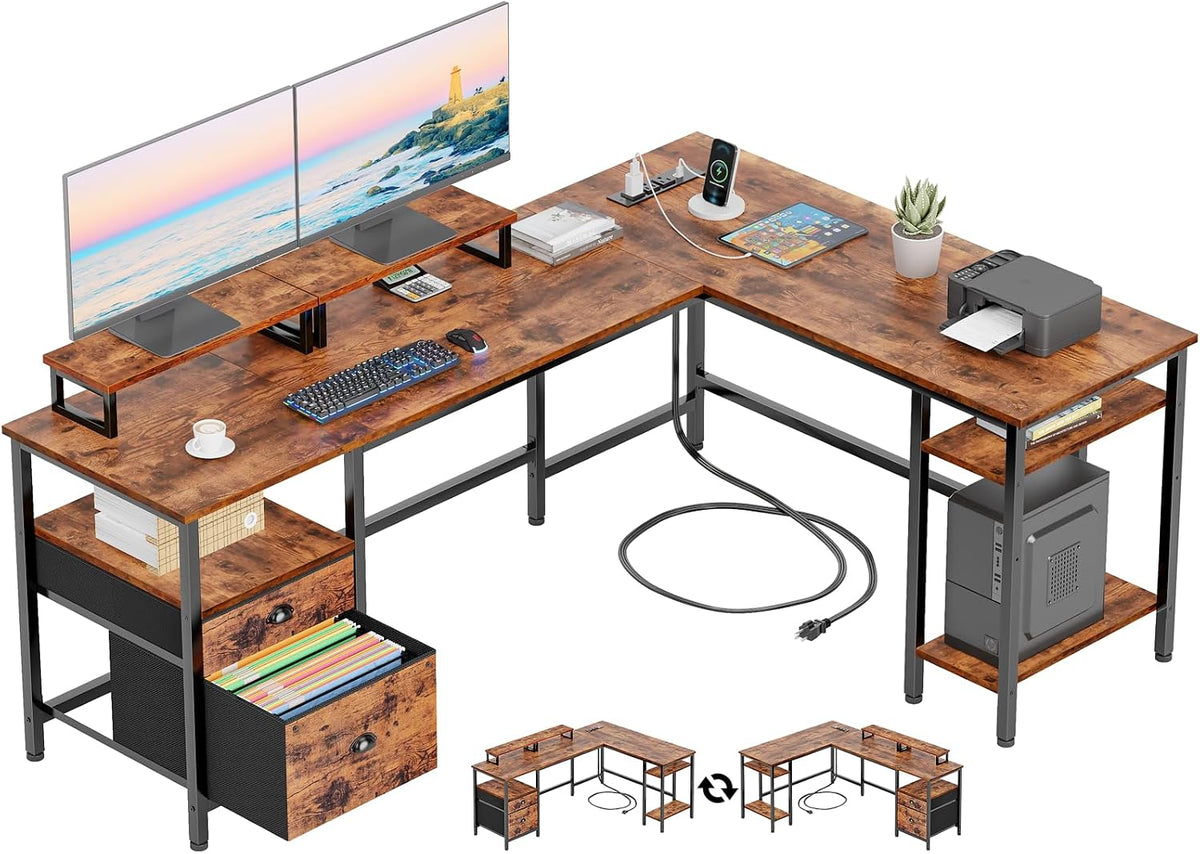Furologee 66'' L Shaped Desk with Power Outlet and 2 Drawers, Rustic Brown