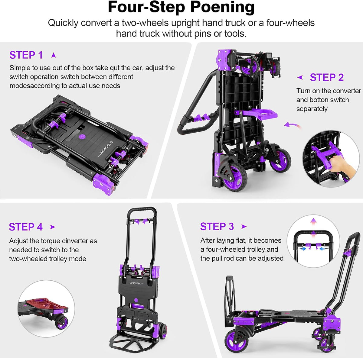 Folding Hand Truck Dolly, 330lb Convertible 4 to 2 Wheel Moving Cart,Purple