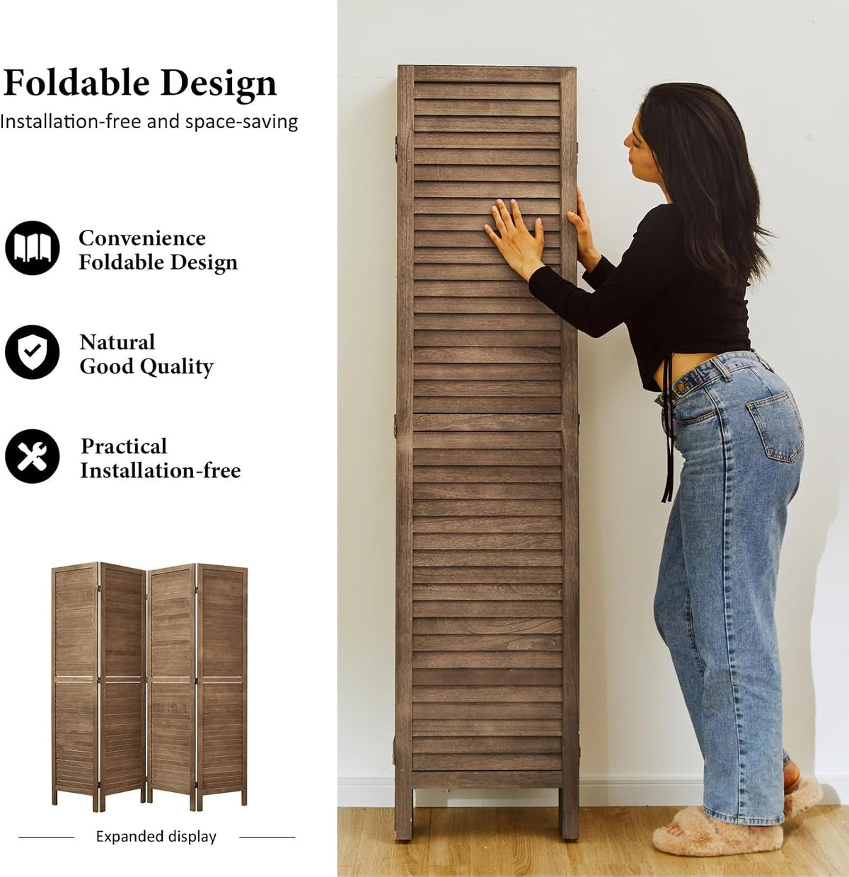 Room Dividers and Folding Privacy Screens, Wood Louvered Separators Divider Wall for Home Office Bedroom - 4 Panels, 63 * 67inch (Brown)