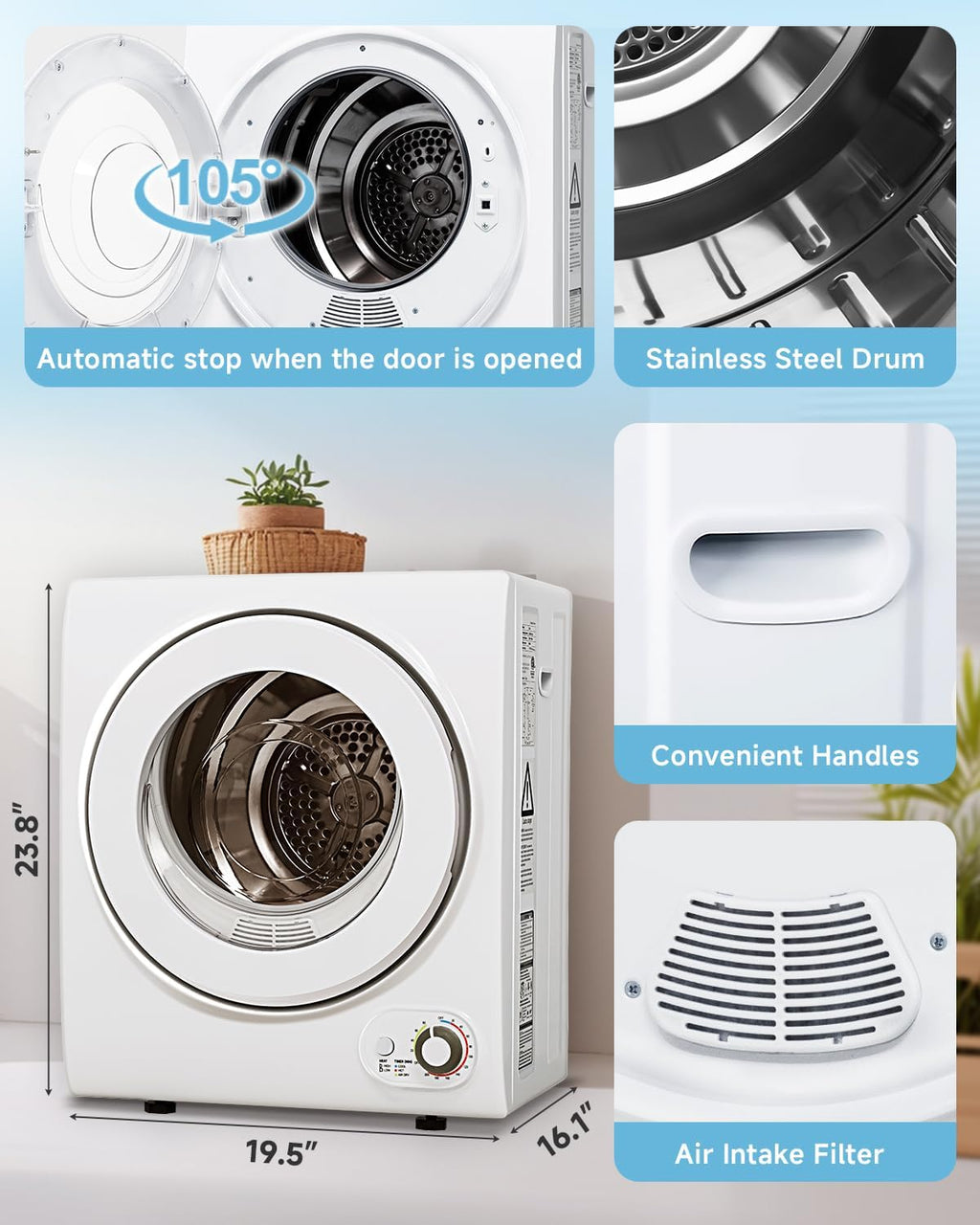 Feelfunn 850W Portable Clothes Dryer with 4 Automatic Drying Modes