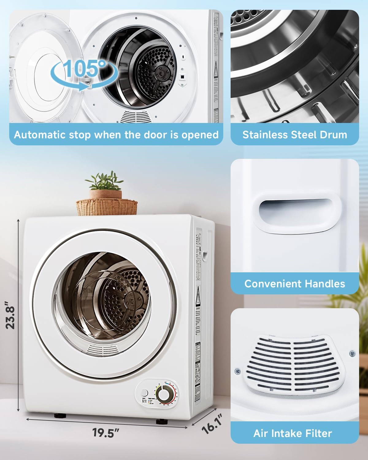 Feelfunn 850W Portable Clothes Dryer with 4 Automatic Drying Modes