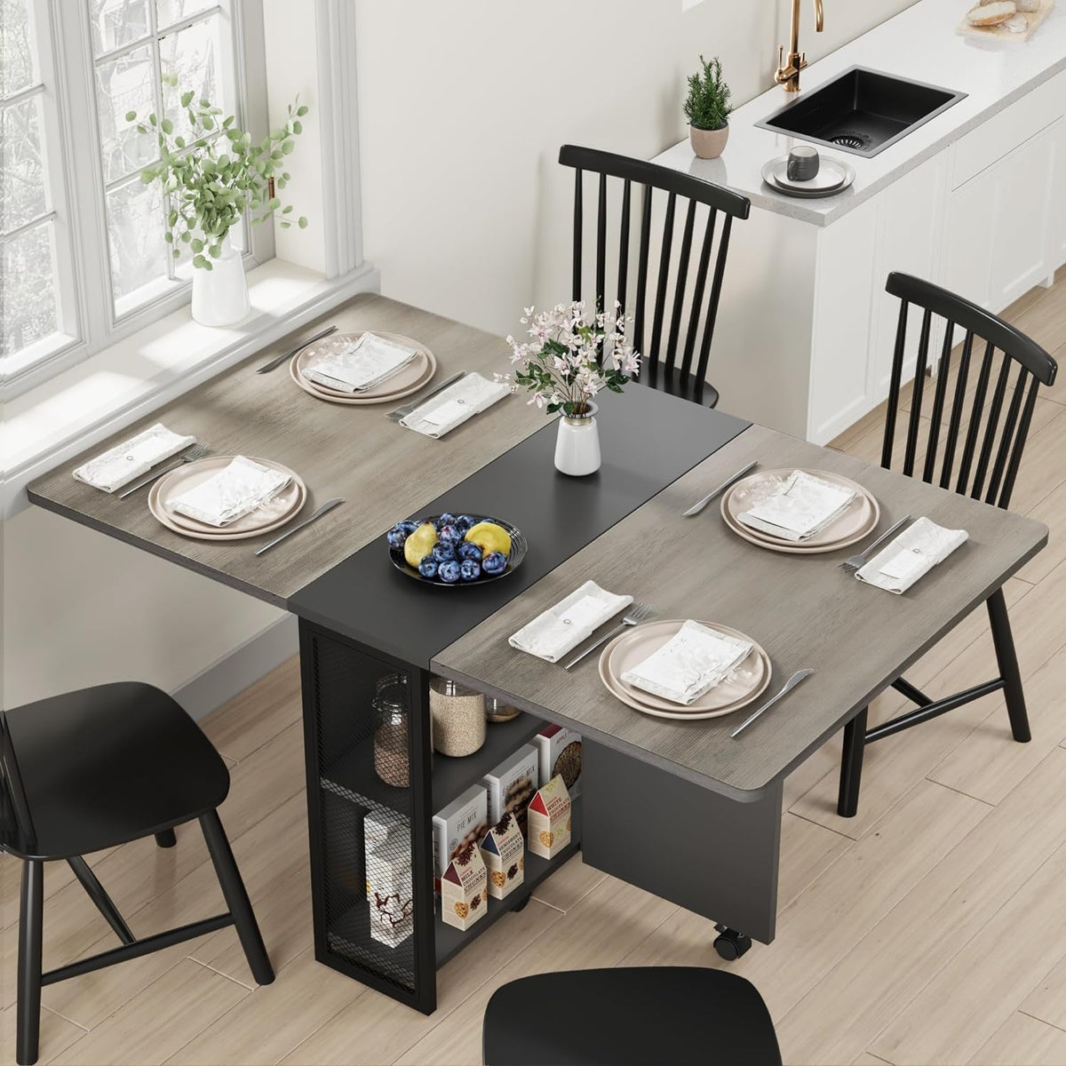 IDEALHOUSE FoldingTable, Drop Leaf Dining Table with 6 Wheels and 2-Layer Storage Shelf, Space Saving Table for Small Spaces (Dark Walnut, 50.1" D x 31.4" W x 29.5" H)