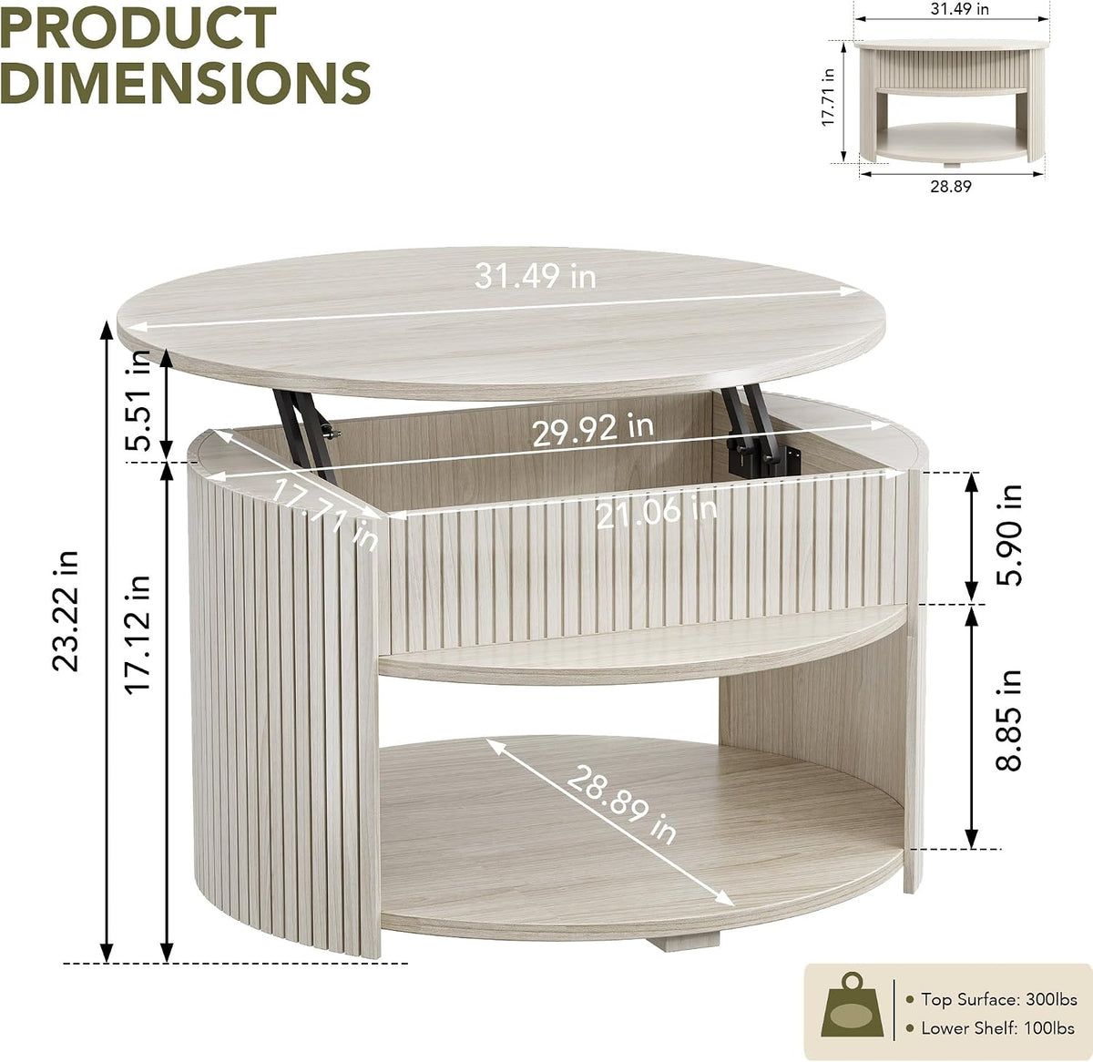 Round Lift Top Coffee Table with Storage, Fluted Mid-Century Modern Coffee Tables for Living Room, with Hidden Compartment & Open Shelves, for Small Spaces & Home Office(31.5" White Oak)
