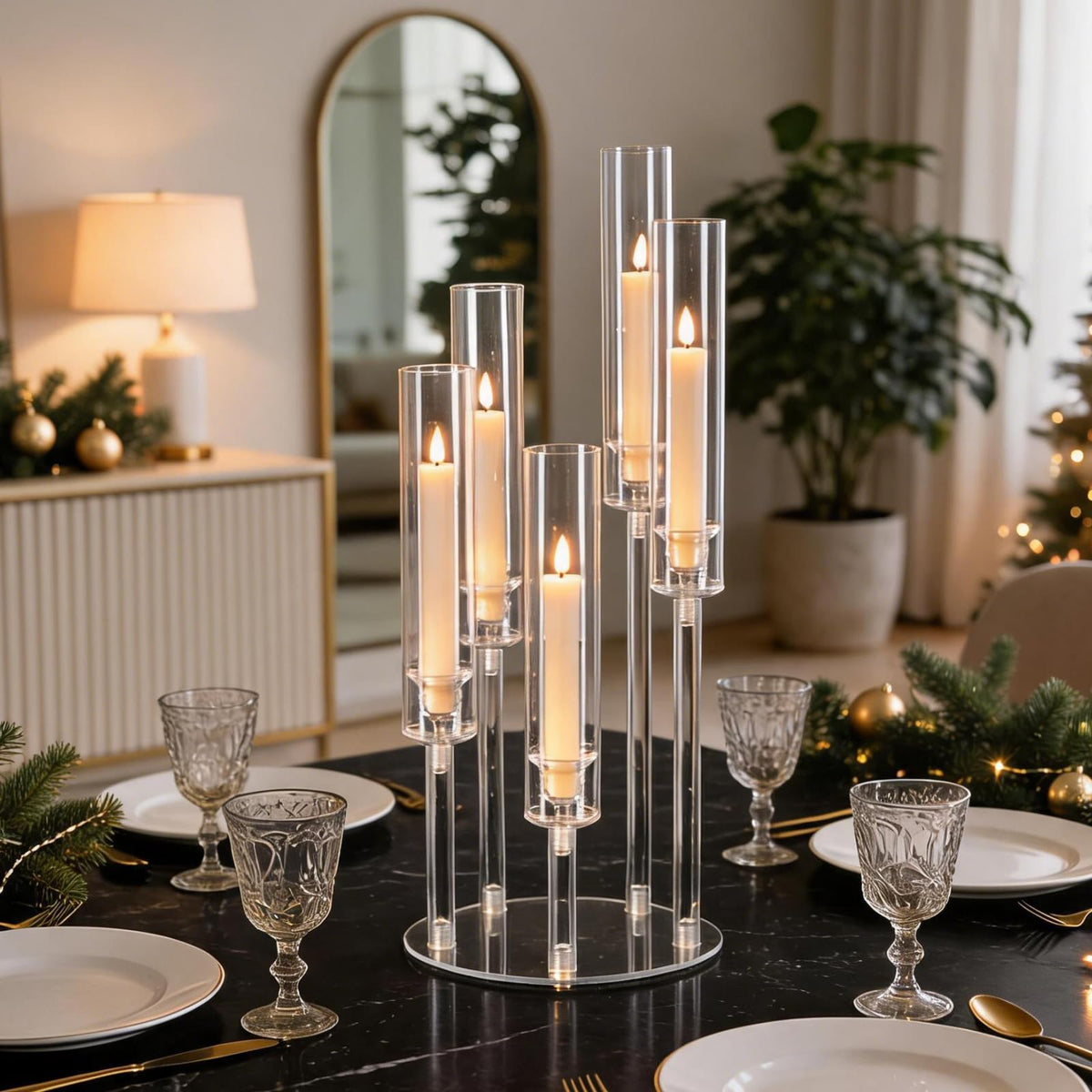 5PCS Acrylic Candelabra for Table Centerpieces,5 Arm Candle Stick Candle Holder Bulk for Wedding Party Birthday Baby Shower Christmas Decor candelabros para centros de mesa Fit 0.8 LED Candle