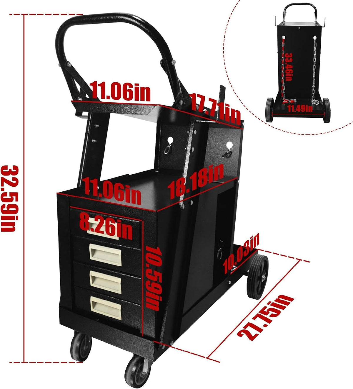 2-Tier Welding Cart with 4 Drawers and 360° Swivel Wheels Tilt-Table Welder Cart with 260Lbs Capacity Heavy Duty Rolling Welder Carts with Safety Chains for MIG TIG MMA Plasma Cutter Machine