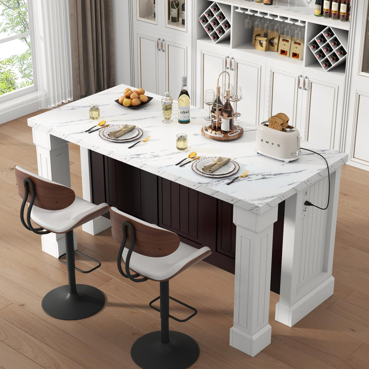 63" Large Imitation Marble Dining Table for 4-6 People, with LED Lights