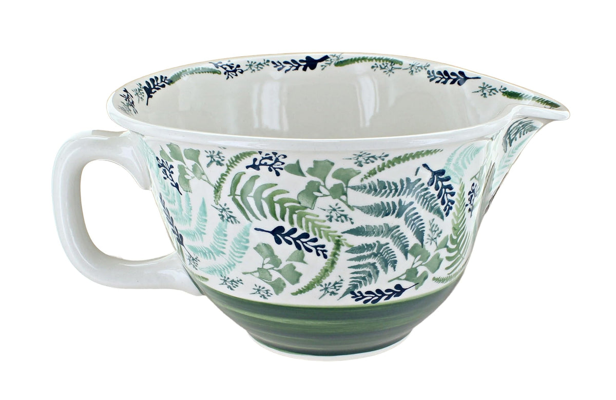 Blue Rose Polish Pottery - Green Floating Fern Batter Bowl - 10 Cup Capacity - Hand-Painted Ceramic Mixing & Pouring Bowl with Handle and Spout