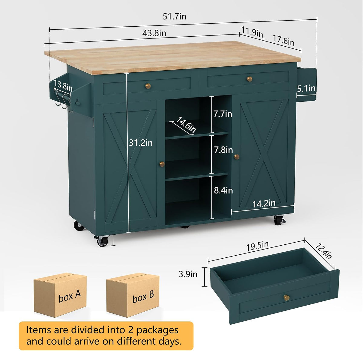 HLR Farmhouse Kitchen Island On Wheels, Teal Green
