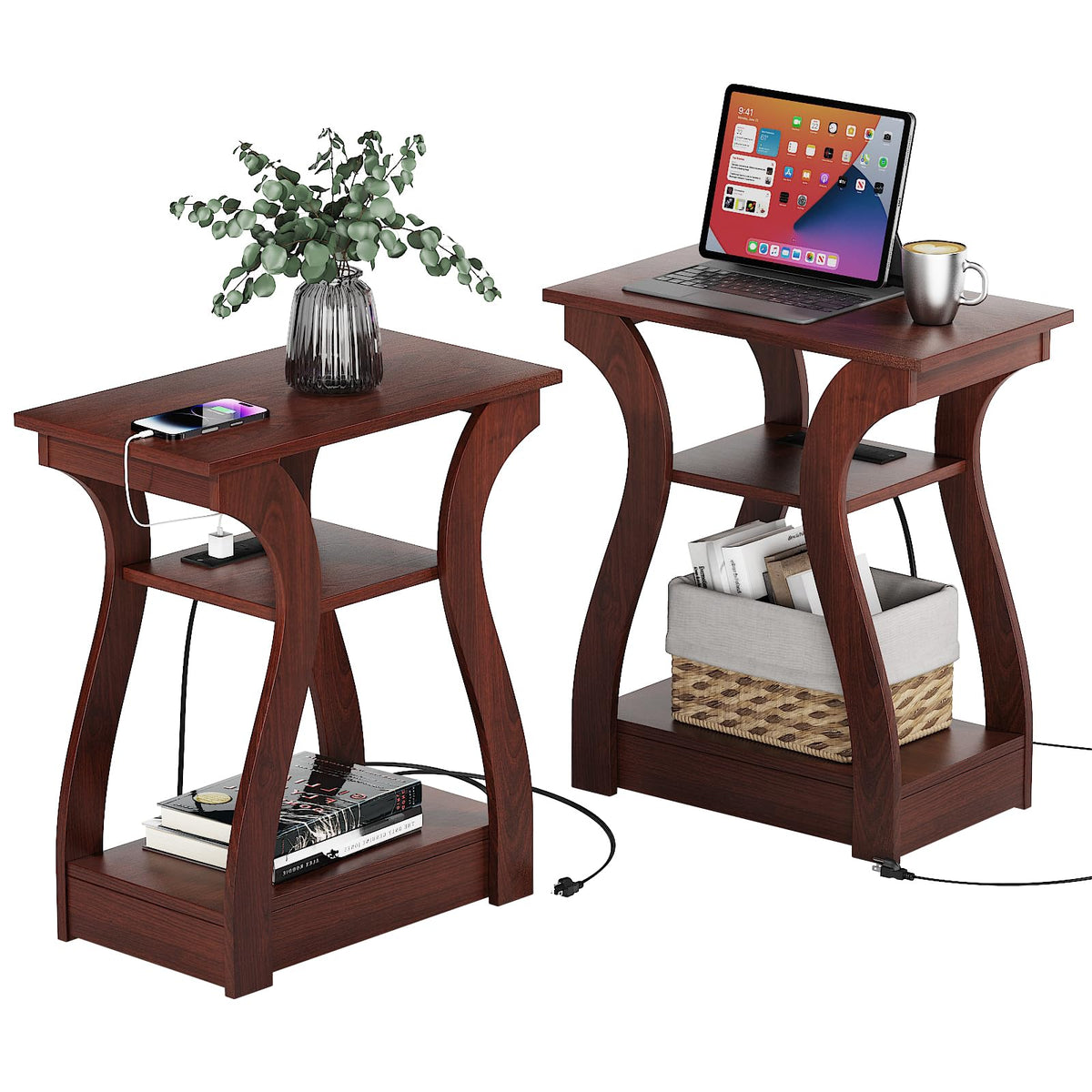 FROMJBEST End Tables Living Room Set of 2 with Charging Station, Black