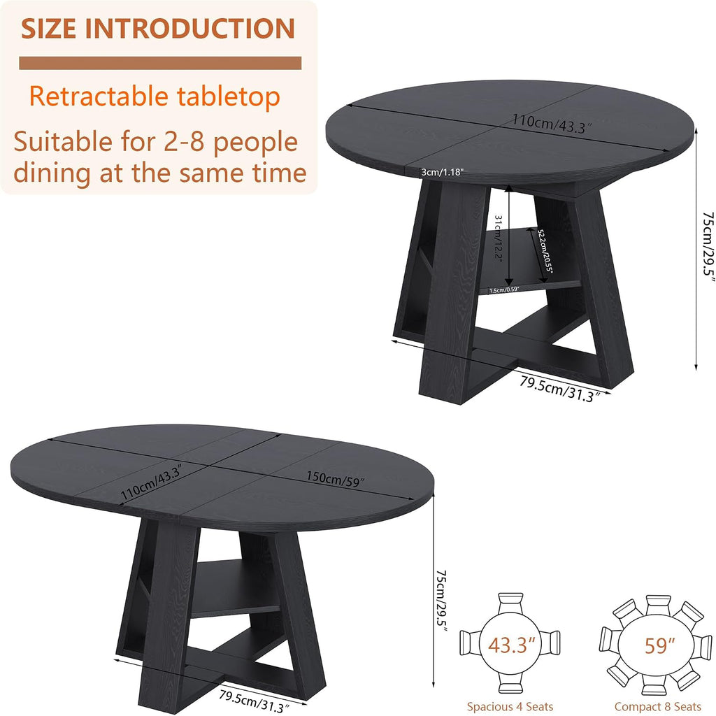 43.3"-59" Extendable Round Oval Dining Table for 4-8 with Storage Shelf