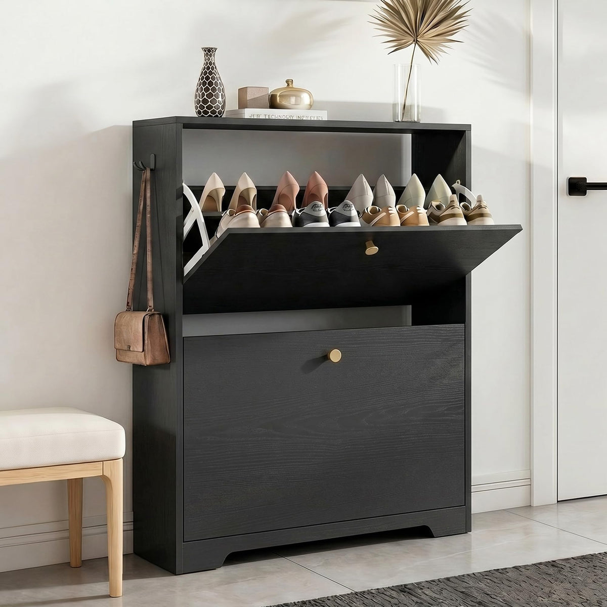 Nicetree Shoe Cabinet with 3 Flip Drawers, Narrow Shoe Organizer Cabinet, Freestanding Shoe Rack Cabinet, Modern Shoe Storage Cabinet for Entryway, Hallway, Foyer, White