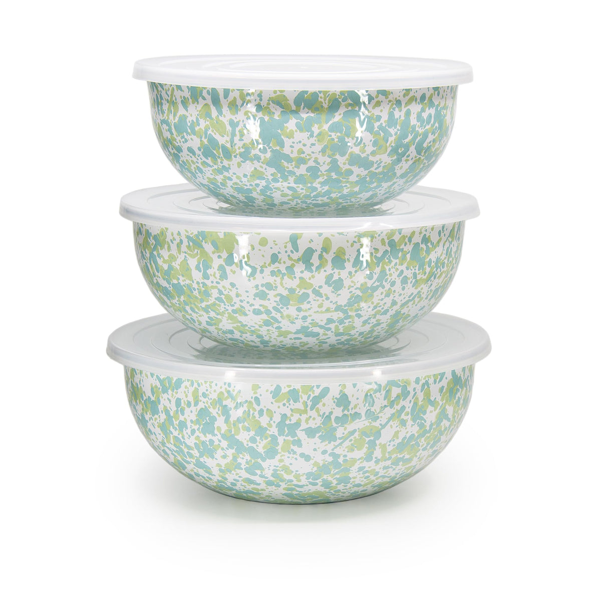 Golden Rabbit Enamelware Nested Mixing Bowls with Lids, Set of 3, Lagoon