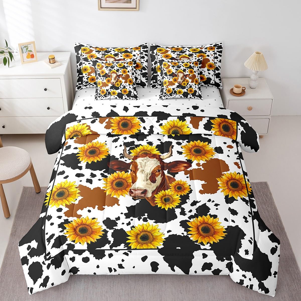 Erosebridal Brown Cow Print King Comforter Set 7 Piece, Simulated Black Cowhide Western Farmhouse Bedding Sets with Sheets, Rustic Highland Cow Skin Bed in a Bag with Fitted Flat Sheet, Pillowcases