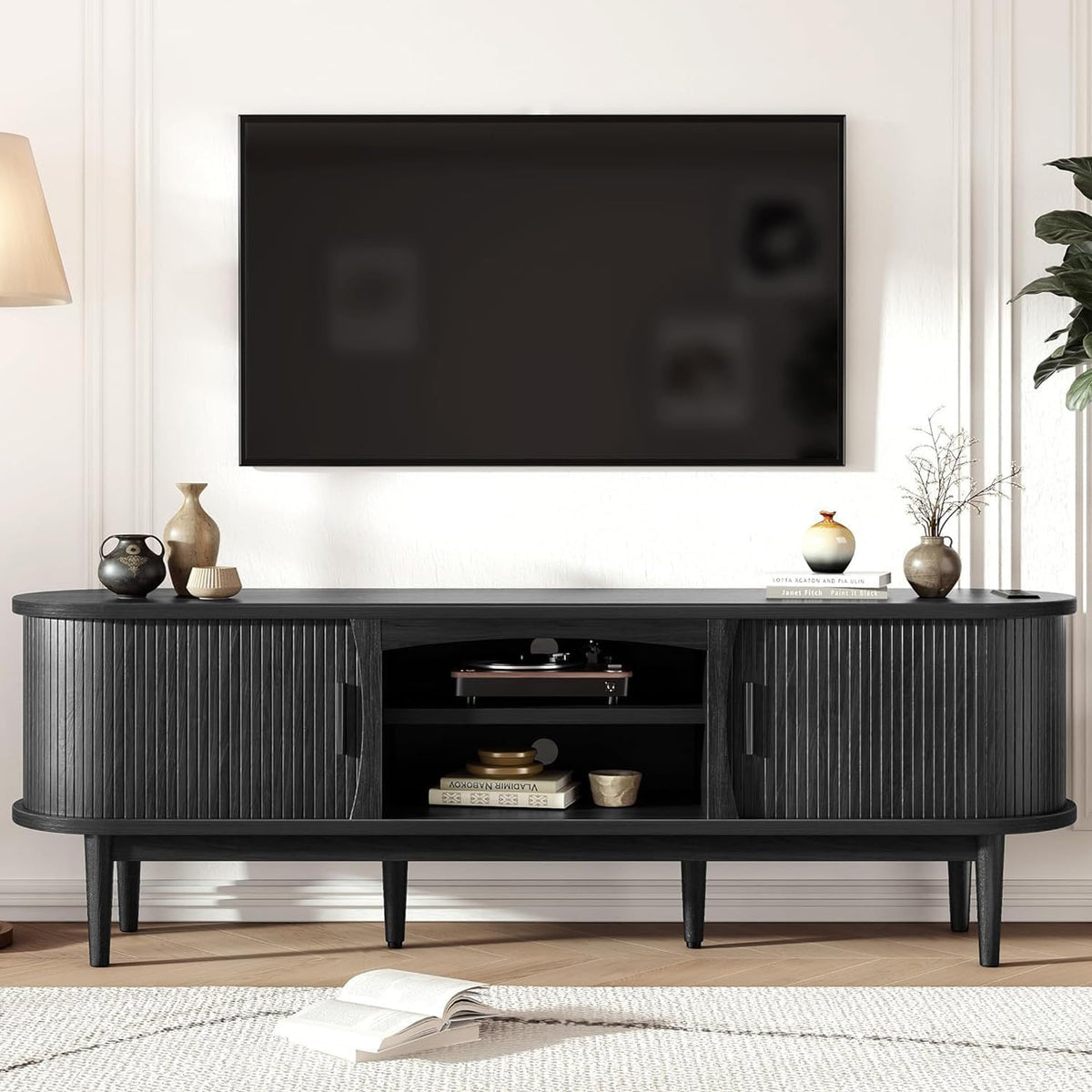 Decofy Mid Century TV Stand for TVs up to 65 Inches, Entertainment Center with Storage, Power Outlet, Fluted Sliding Doors & Adjustable Shelves, Modern Media TV Console Table for Living Room (Walnut)