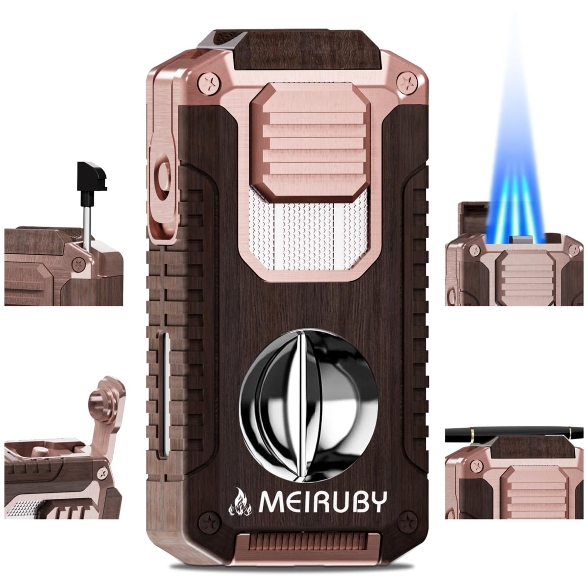 MEIRUBY 5-in-1 Butane Torch Lighter, Refillable Jet Flame Cigar Lighter with V-Cutter, Punch, Holder and Draw Tool, Multi-Functional Cigar Accessories Gift for Men, Dad, Husband, Friend & Cigar Lover