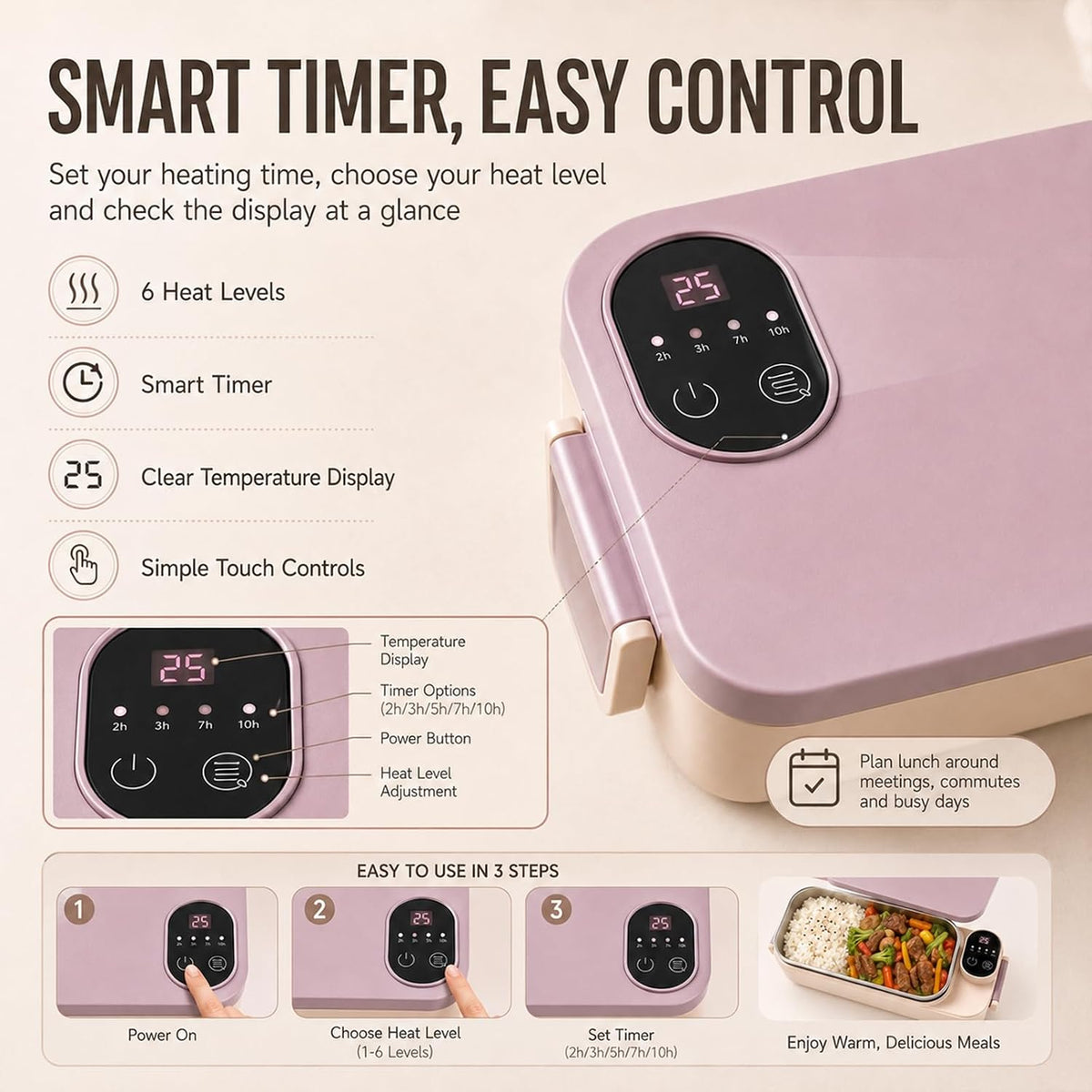 Portable Electric Lunch Box with Self-Heating, 304 SS (Mix, Rechargeable*2)
