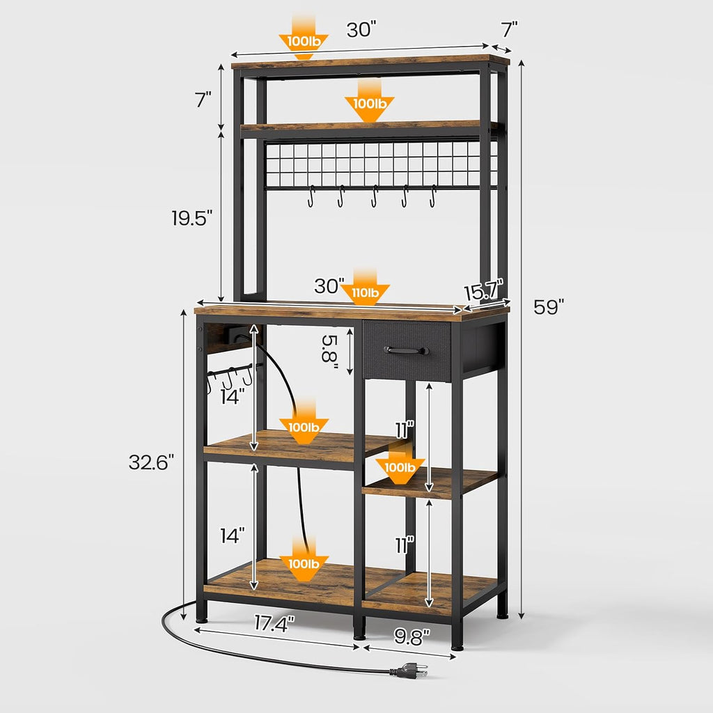 30" Kitchen Small Bakers Rack with Power Outlet & LED Light, 6-Tier Microwave Stand with Storage Drawer, Coffee Bar Shelf with 8 S-Shaped Hooks, Metal Kitchen Storage Shelf, Rustic Brown