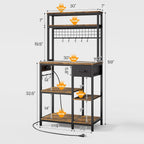 30" Kitchen Small Bakers Rack with Power Outlet & LED Light, 6-Tier Microwave Stand with Storage Drawer, Coffee Bar Shelf with 8 S-Shaped Hooks, Metal Kitchen Storage Shelf, Rustic Brown