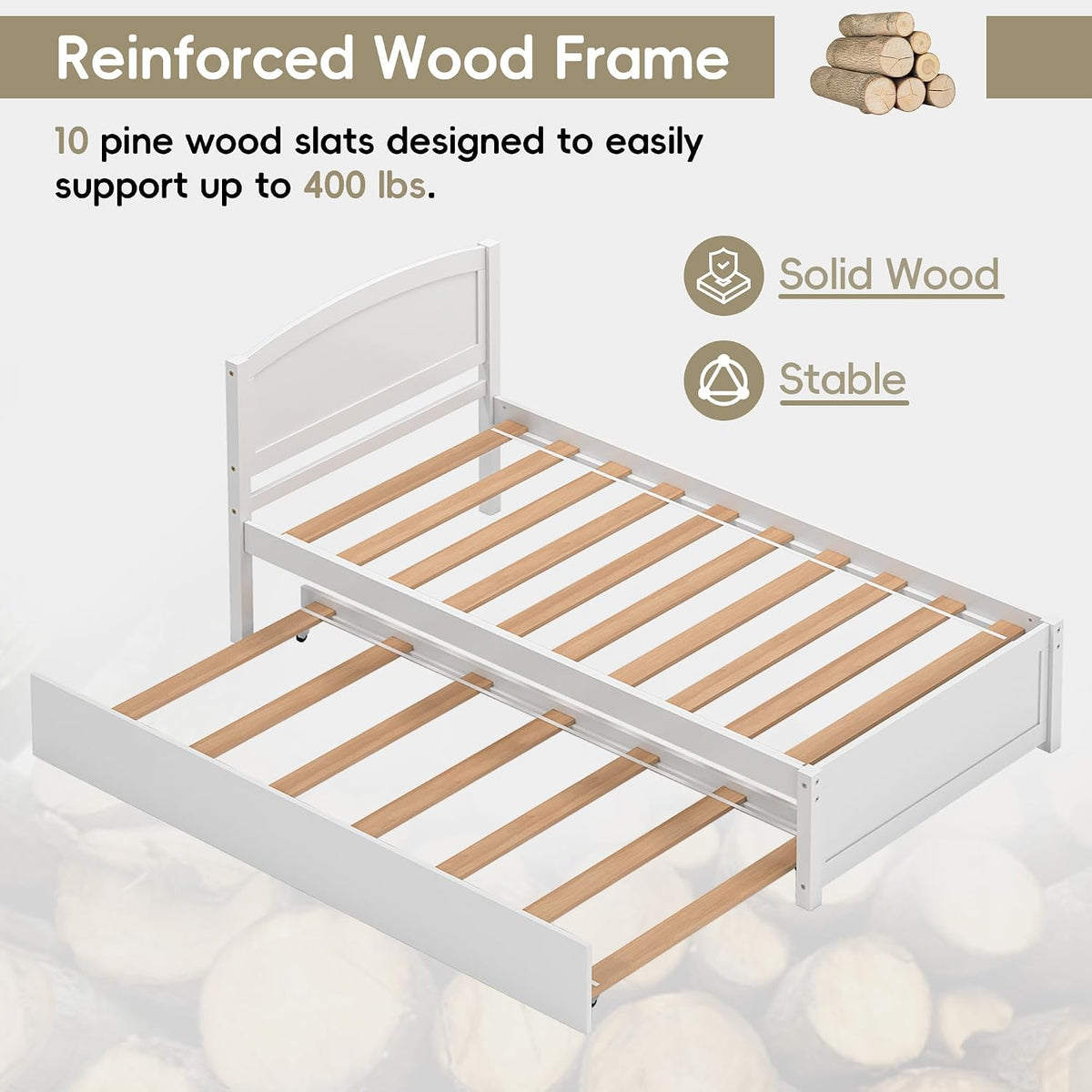 Twin Trundle Bed, Solid Wooden Pull Out Bedframe, Extendable Day Bed with Headboard and Soild Wood Slats Support, Bedroom, Living Room, Guest Room, No Box Spring Needed (White)