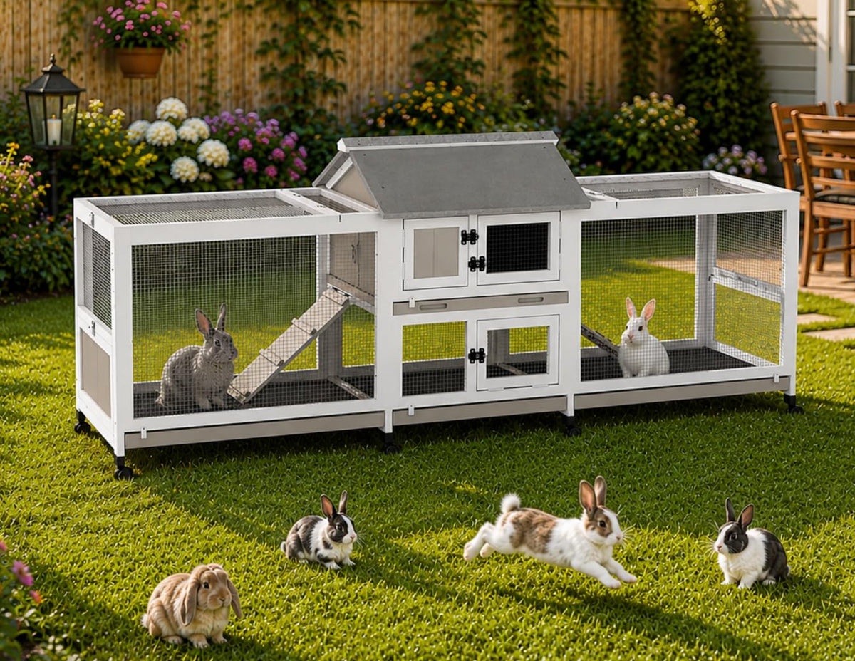 2-Story Rabbit Hutch Indoor & Outdoor, Large Bunny Hutch with 3 Pull-Out Trays, 6 Lockable Wheels, Wooden Rabbit Cage with Asphalt Roof & 6 Accesses for 2-4 Rabbits, Backyard, Home, Patio