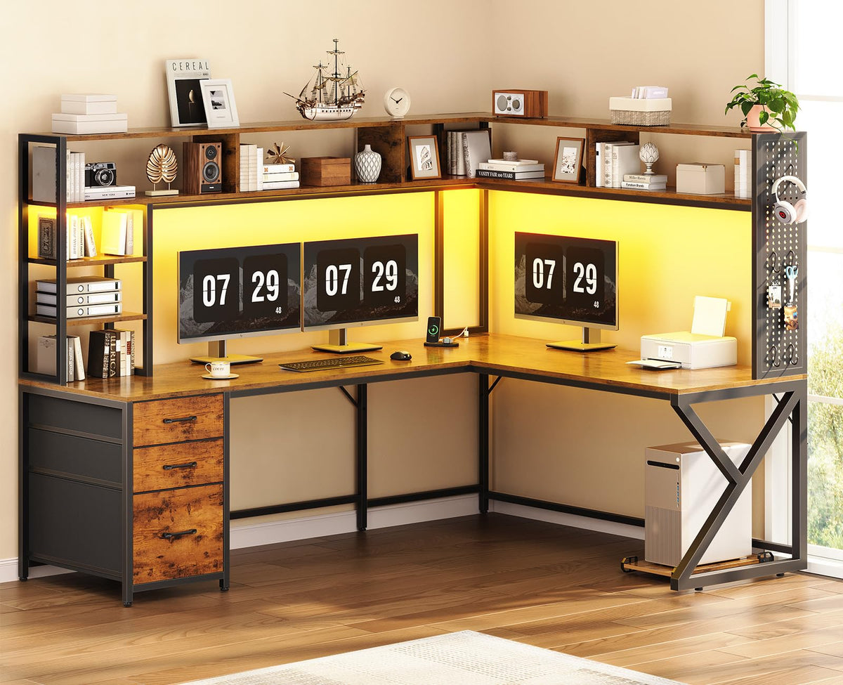 SEDETA L Shaped Gaming Desk with Storage Shelves, Hutch, Drawers