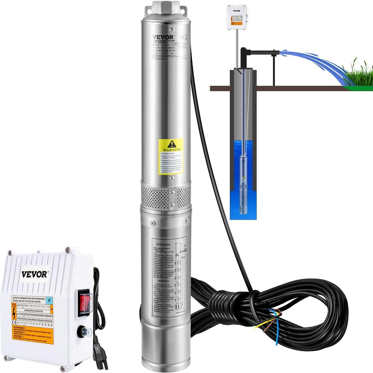 VEVOR Deep Well Submersible Pump 2 HP 230V/60Hz 37 GPM Flow 427 ft Head
