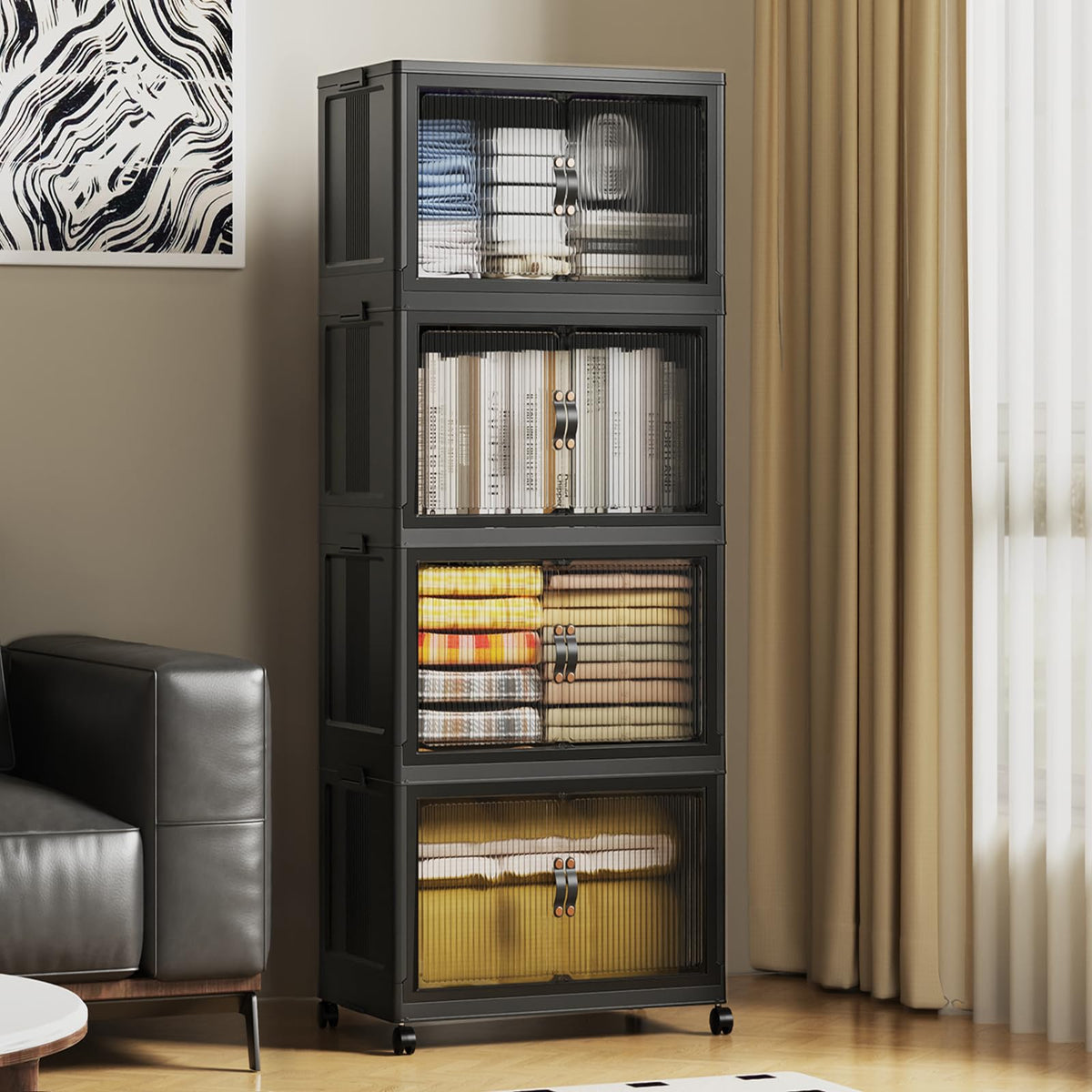 SAILUN 580Qt Stackable Storage Bins,Storage Cabinet with a Lid,5 Pack Black