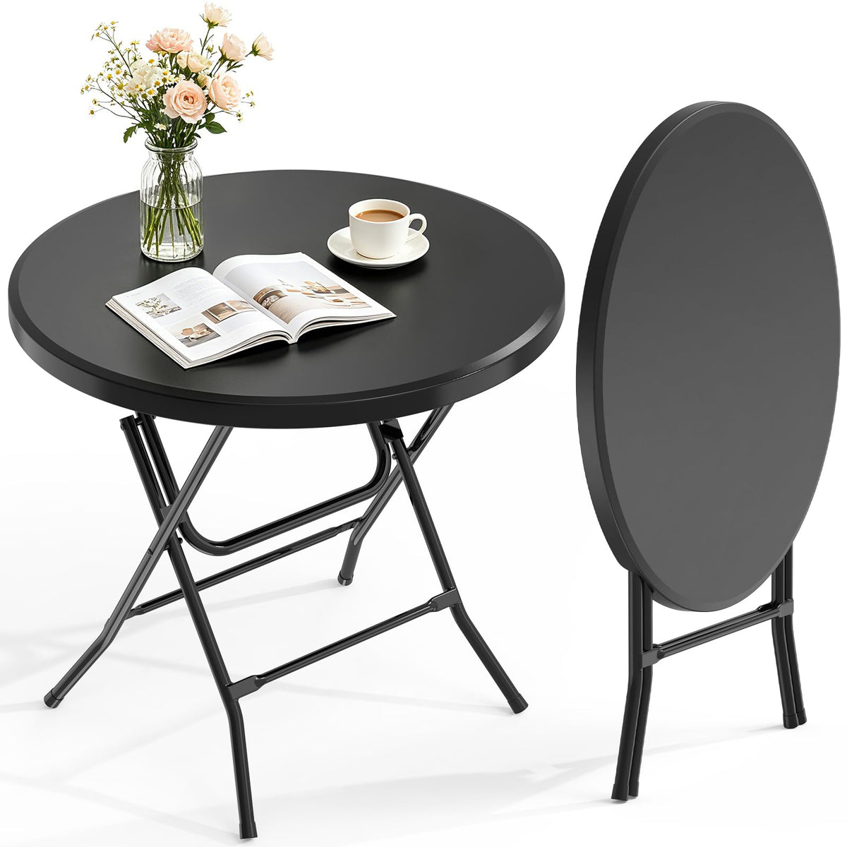24" Round Folding Table, Plastic Bar Height Tables for Parties Black