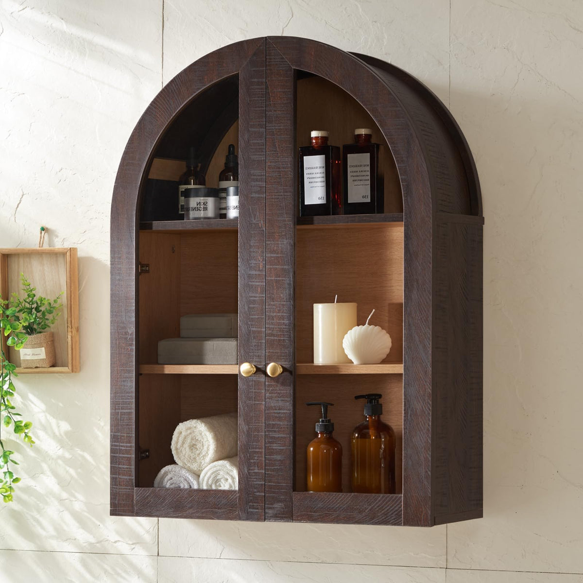 Bathroom Arched Wall Cabinet Over The Toilet Storage Cabinet, 23.5×31.4 Inch bathroom cabinet wall mount with Glass Doors & Adjustable Shelves, Wood Cabinet for Laundry Room, Kitchen,Natural oak