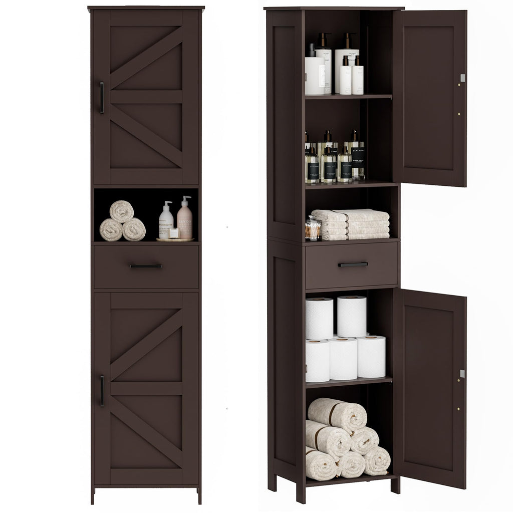 Homhedy 67" H Tall Bathroom Storage Cabinet with Barn Doors and Drawer