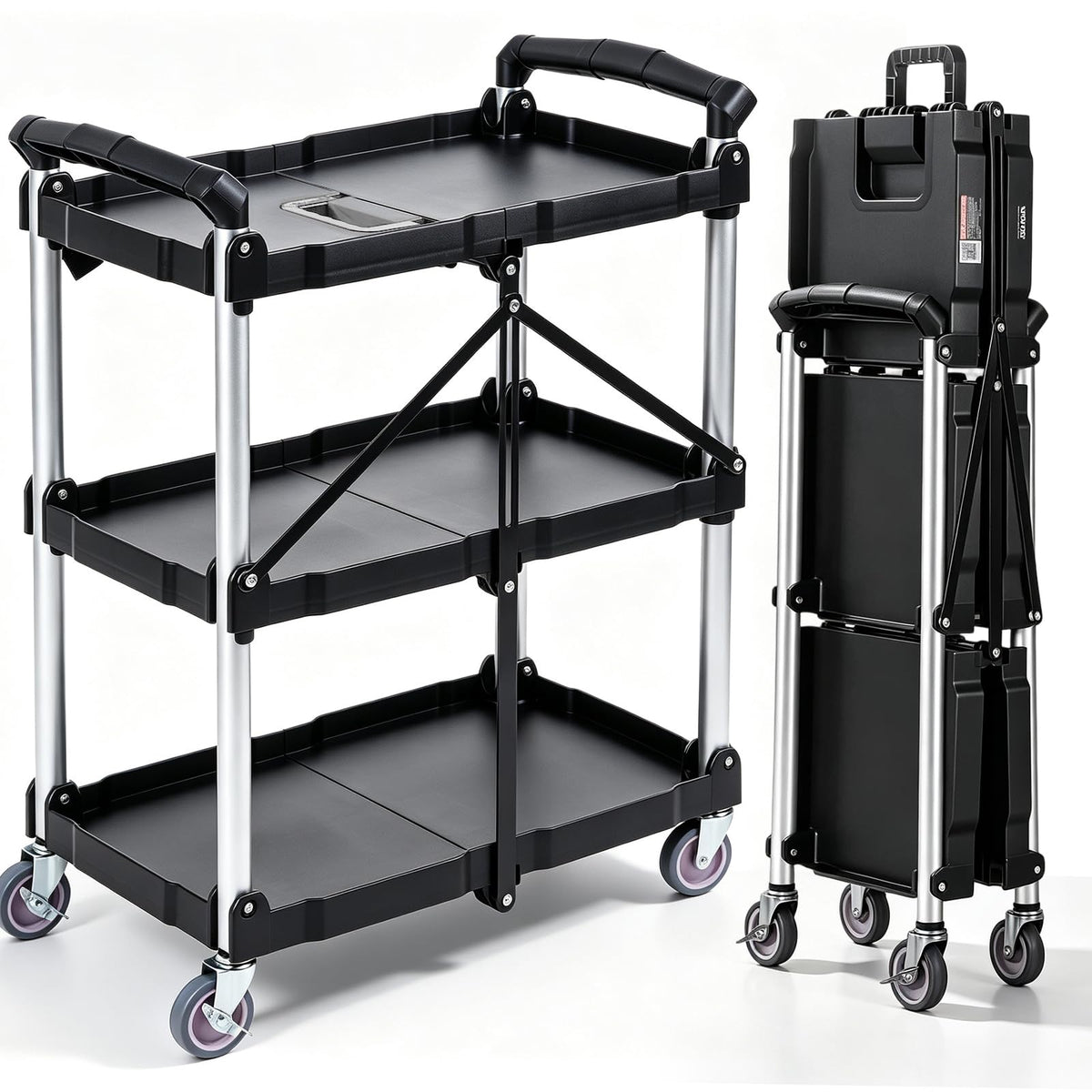 VEVOR 3 Shelf Heavy Duty Folding Jobsite Cart, 3 Tier Rolling Cart with Side Tool Holder & 360° Swivel Wheels (2 Brakes), 300 LBS Folding Utility Cart, Tool Storage for Garage Warehouse Workshop