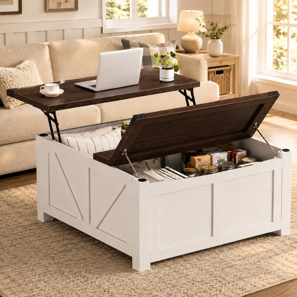 40" Lift Top Coffee Table, 4 in 1 Square Coffee Table with Storage Shelf & 2 Drawers, Modern Coffee Tables with Lift Tabletop, Converts to Dining Table for Living Room, Home Office