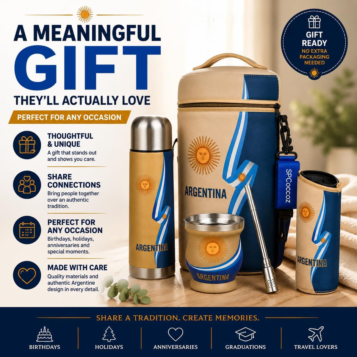 Argentine Yerba Mate Kit – Premium Stainless Steel Mate Cup & Bombilla Set with 750ml Vacuum Insulated Bottle, Yerba Container & Neoprene Bag – Authentic Argentine Design