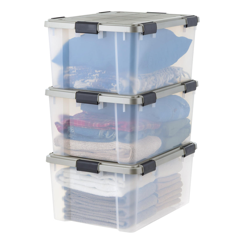 IRIS USA 3-Pack 60 Qt Storage Bins with Gasket Lids, Clear/Chrome