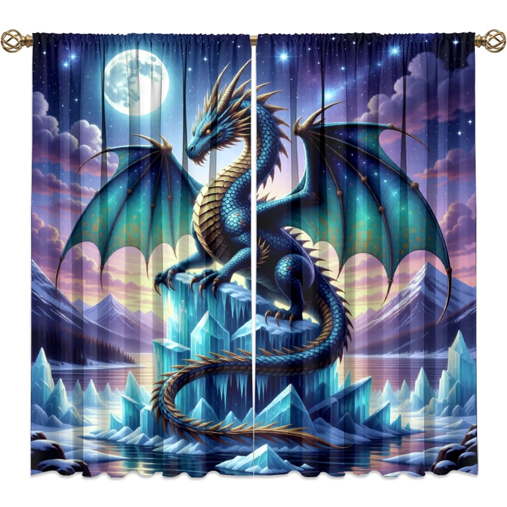 Dreamy Pink Wildlife Dragon Curtains-Fantasy Medieval Castle Rod Pocket Back Tab Window Drapes,Mythological Dragon Floral Roses Thermal Insulated Blackout Curtain,2pcs,Each 52“W x 96”L