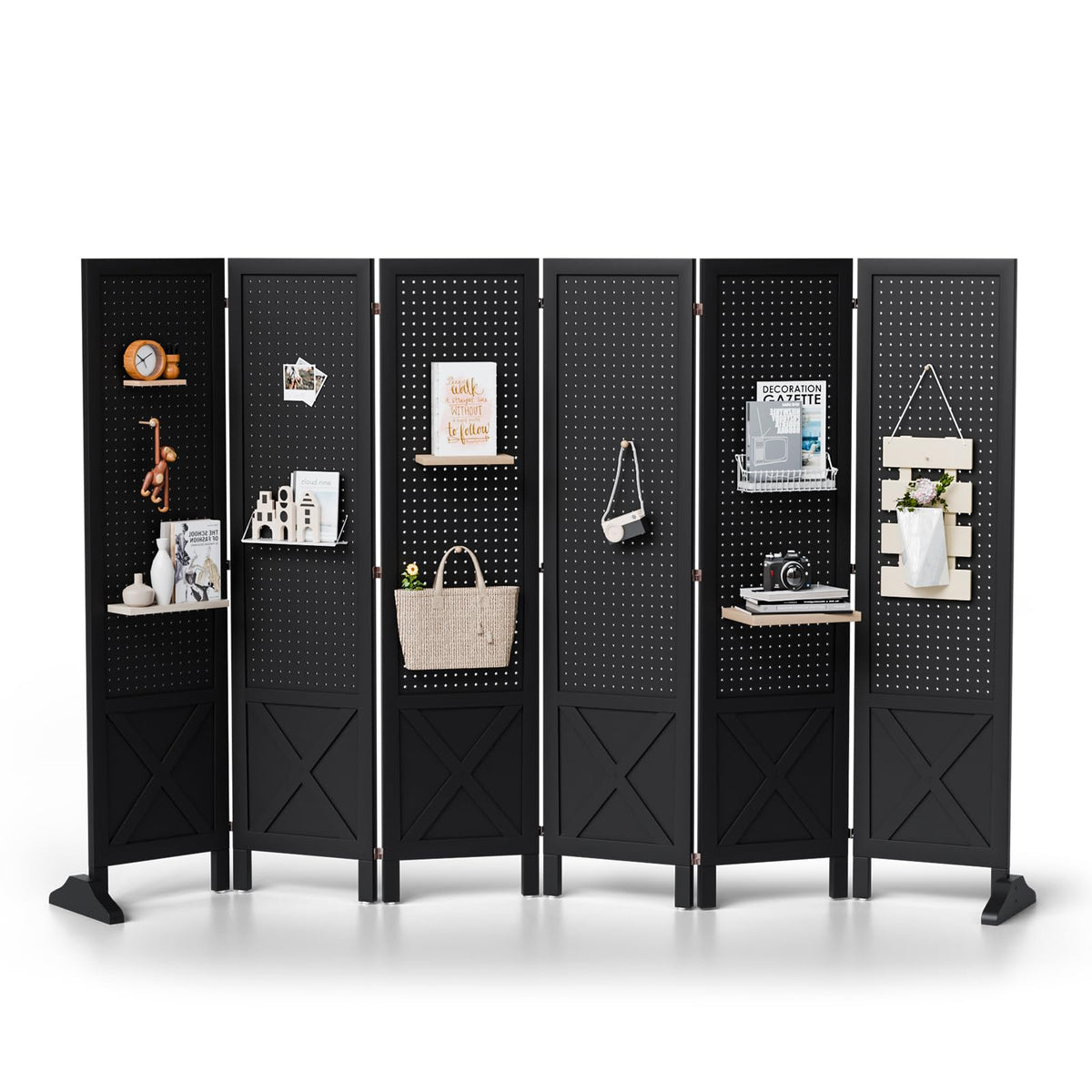 VINGLI Freestanding Pegboard with Support Feet, 5 FT Wood Room Divider Display Board Organizer, Folding Privacy Screen Partition Space Separator for Craft Shows Events Retail (Black, 4 Panel)