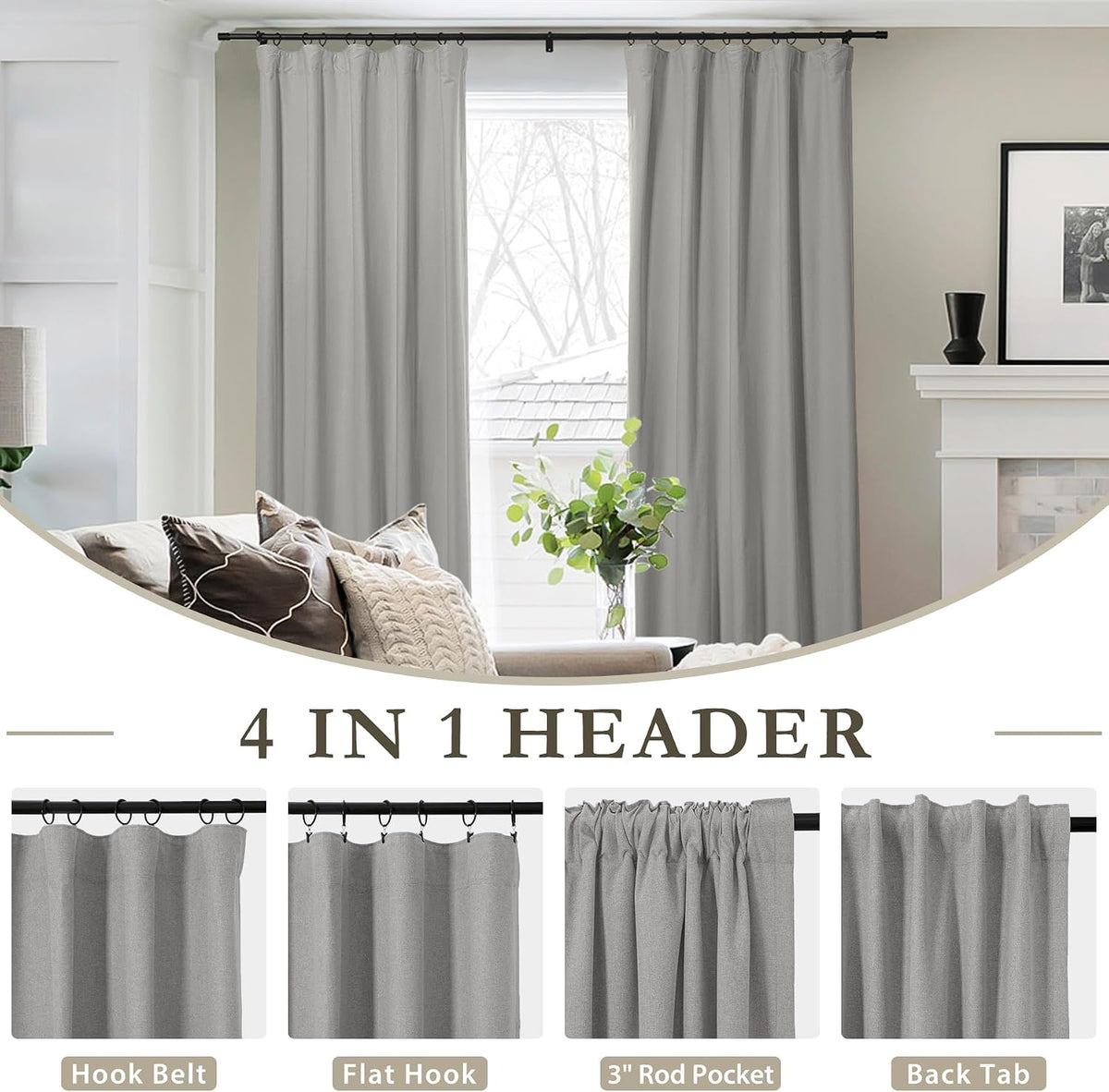 ChadMade 192 Inches Extra Long Curtains, Light Blocking Rod Pocket Back Tab Hook Belt Flat Hooks Curtains for Living Room Set of 2 Panels Privacy Curtains, Light Grey, 2 Panels, 50 W x 192 L Inch