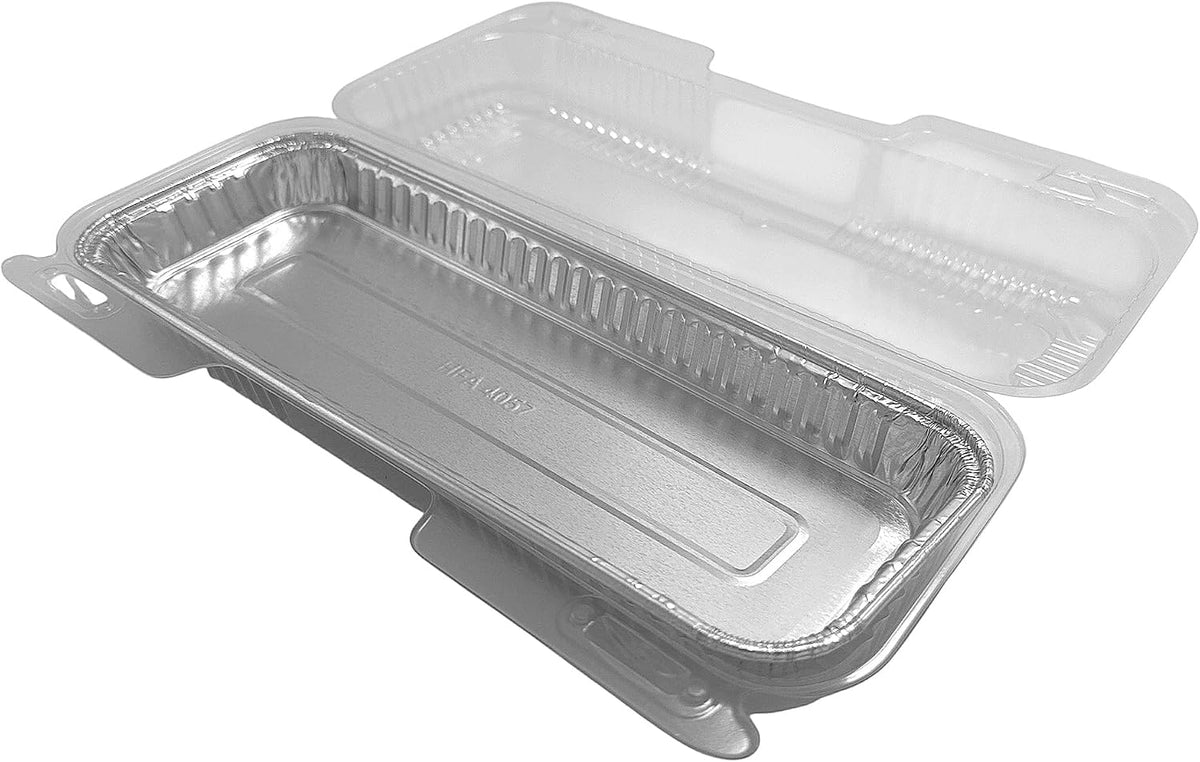 PACTOGO 11" x 4" x 1" Disposable Aluminum Foil Oblong Danish Cake Pans with Clear Hinged Lid Containers - Ideal Baking Tins for Sweets, Coffee Cakes, Danishes, Cookies, Brownies (Pack of 100)