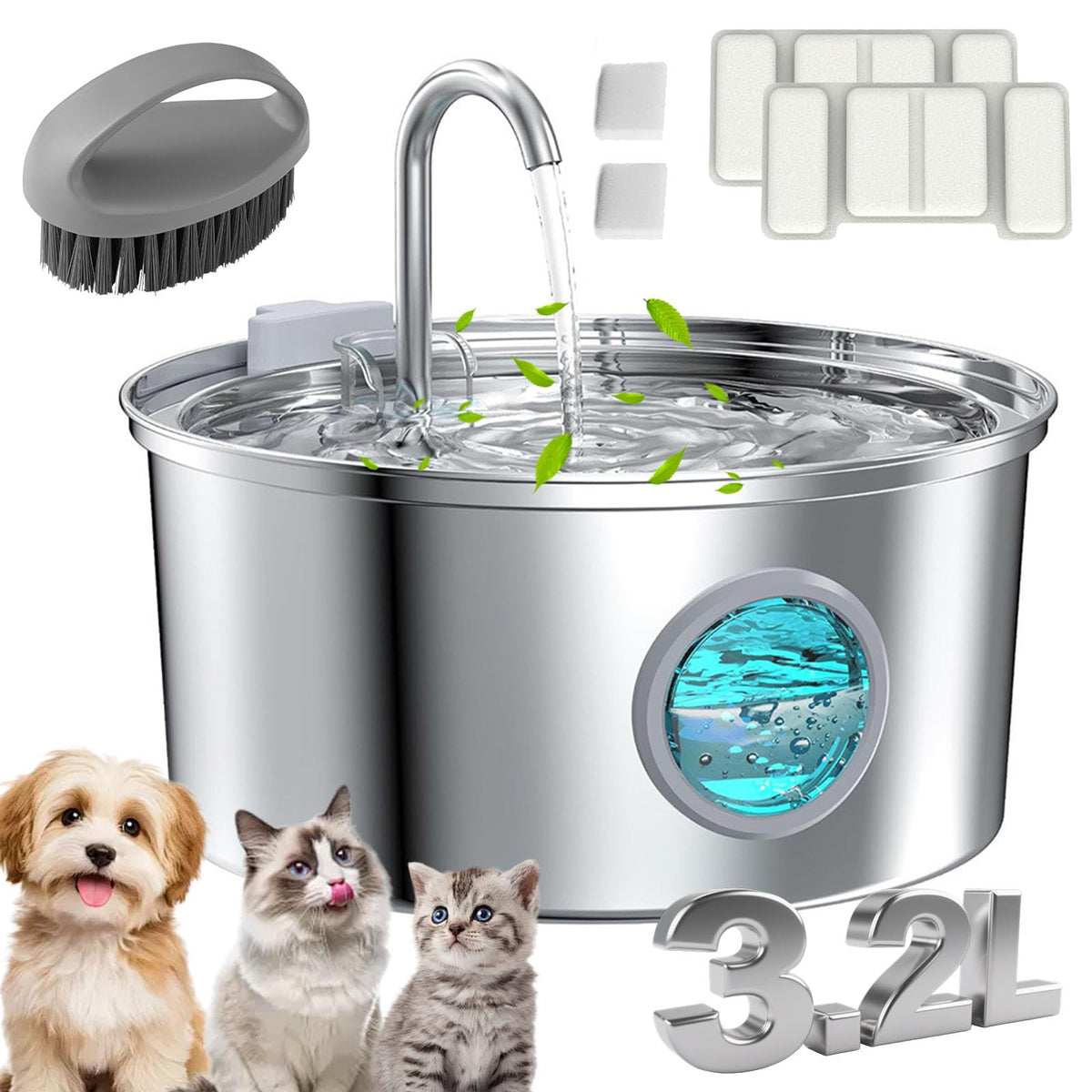 Cat Fountain, 3.2l/7l Water Fountain for Small Dogs, Super Quiet Stainless Steel Fountain Water Bowl for Small Cats Dogs (Silver, 7L-with 10 Filter Element)
