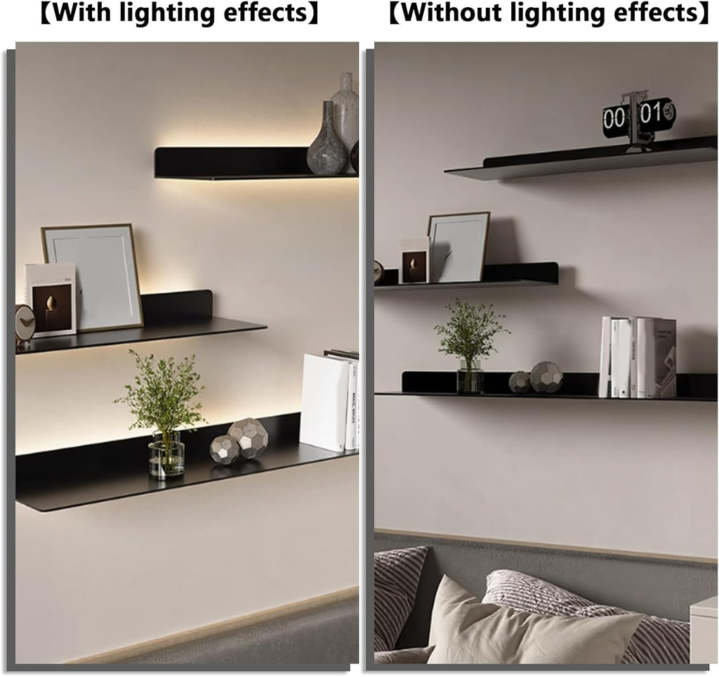 LED Floating Shelves Set of 2, Metal Wall Mounted Display Shelves with Built-in Lights, Modern Gold Floating Shelves for Living Room, Bedroom, Kitchen, Bathroom(Black,80cm/31.5in)