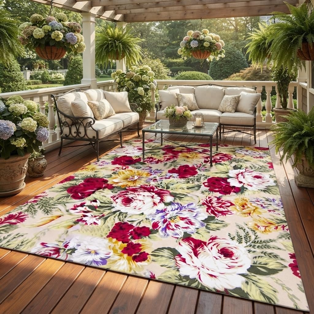 Beautiful Elegant Multicolor Outdoor Rug 7x10 Natural Floral Butterfly Texture Waterproof Thin No Shedding Easy Care Outside Rugs for Patios Deck Pool Garden Balcony Backyard Beach Floor Mat