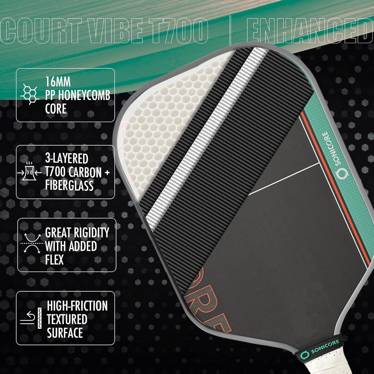 SONICORE Pickleball Paddles Set of 2, Carbon Fiber 16mm, 4 Balls & Bag